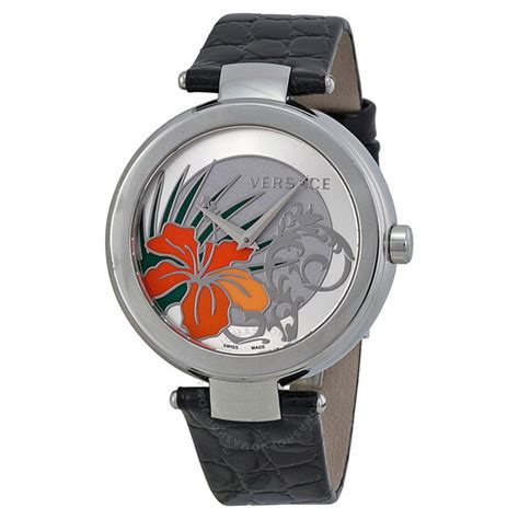 Versace Mystique Silver Hibiscus Dial Black Leather Ladies 